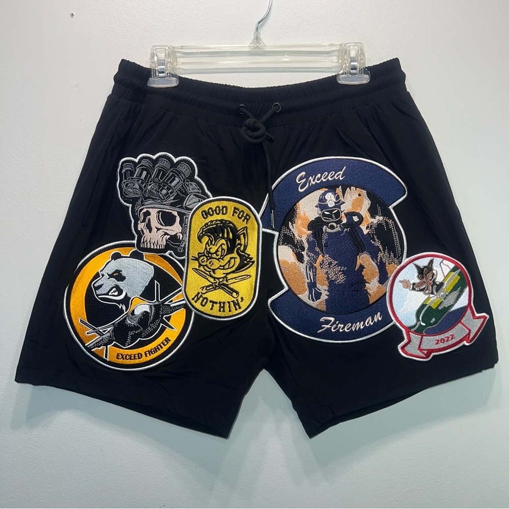 Exceed Fireman Large Patches Black Shorts Elastic Waist Drawstring Nylon Spandex
